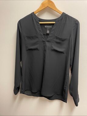 INC International Concepts Black V-Neck Long Sleeve Blouse